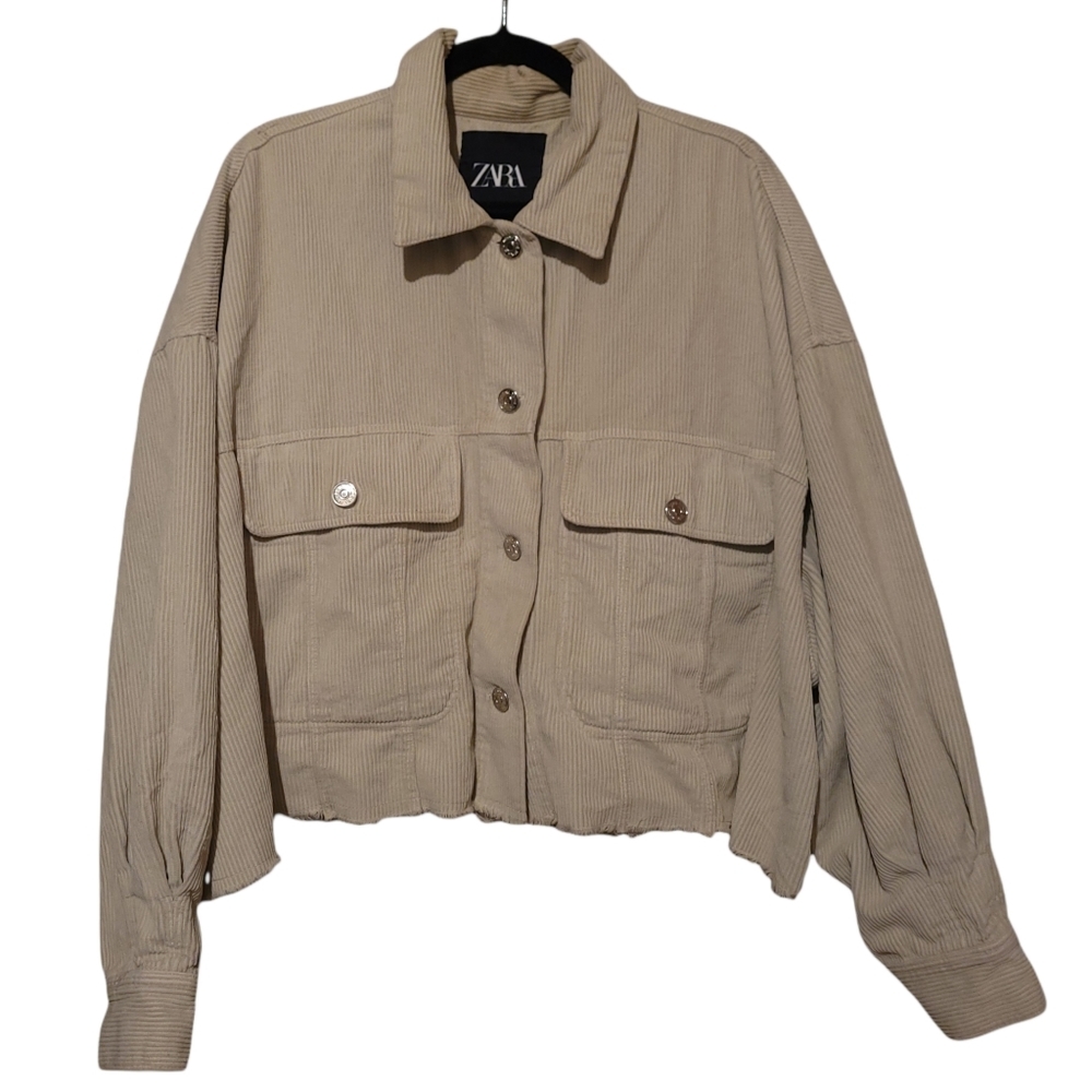 ZARA cream corduroy cropped overshirt jacket with large pocket and raw hem